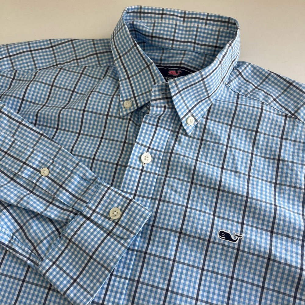 Vineyard Vines Men’s Slim Fit Whale Shirt Long Sleeve Button Down Blue Plaid med